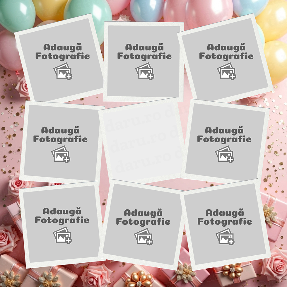 Placă de Ardezie Pătrată Personalizată cu 8 Poze și Text – Baloane Pastel - Vedere Background